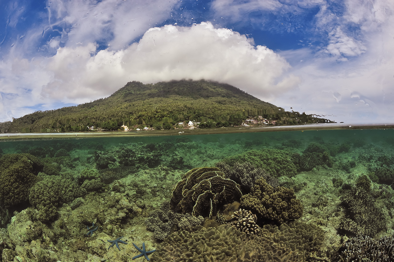 Récif corallien devant l'île volcanique de Manado Tua - Indonésie