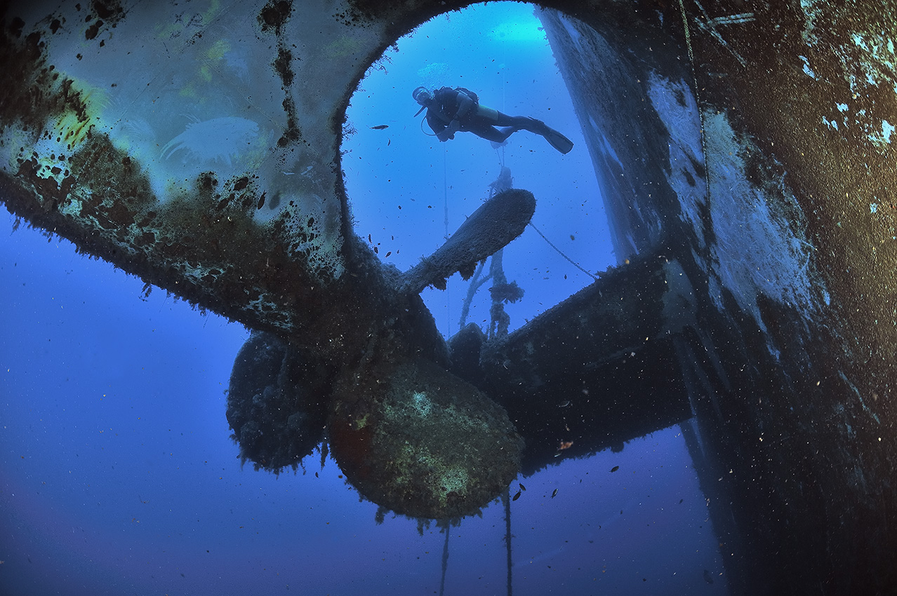 Un plongeur sur l'épave du Zenobia à l'arrière près de l'hélice – Chypre